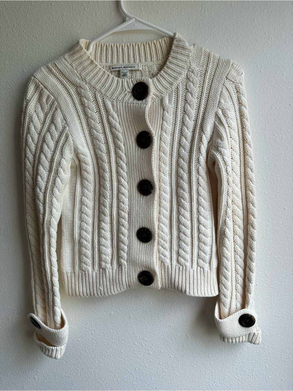 Banana Republic Petite XS Ivory Cable Knit Cardigan - Cotton/Wool Blend